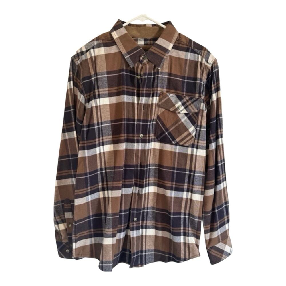 Classic Brown Plaid Button Down Long Sleeve Cotton Flannel Shirt, Men’s  Medium